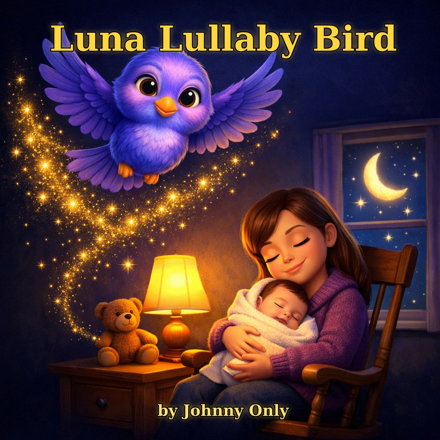 Luna Lullaby Bird book cover — a mother in a rocking chair holds a baby while a small purple bird trails golden sparkles